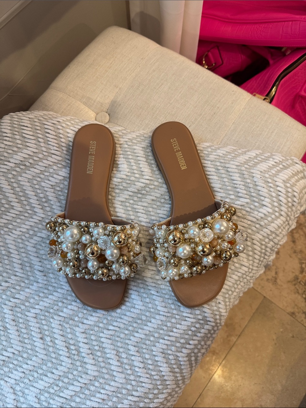 Steve Madden tan slide sandals with pearl & gold bead cluster